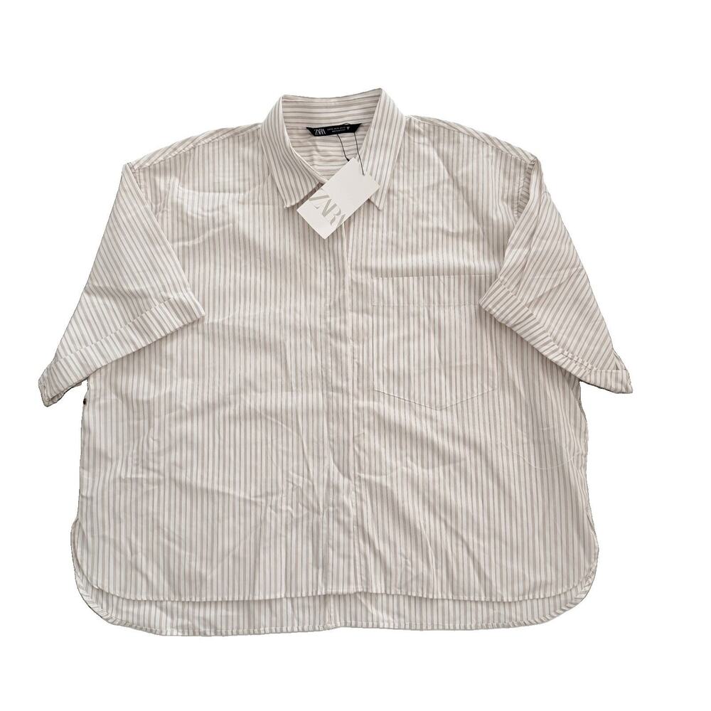 New Zara Relaxed Fit Striped Button Down Shirt Ecru Womens XL NWT